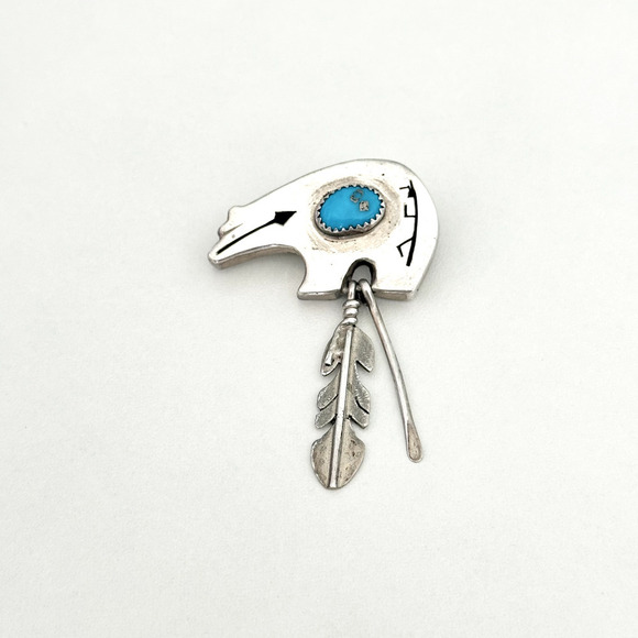 Vintage Samson Kee Native American 925 Sterling Silver Turquoise Bear Brooch Pin - Picture 2 of 11
